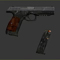 Tactical Pistol With Metal Body Wooden Grip And Magazine In Close Up View