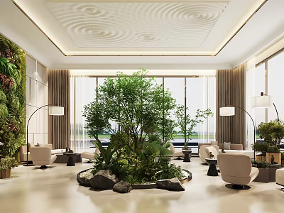 Modern Luxury Sales Office Interior With Lush Indoor Greenery And Cozy Lounge Seating Areas 3d model