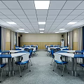 School Classroom Interior With Blue Chairs White Tables Ceiling Lights Windows And Curtains 3d model