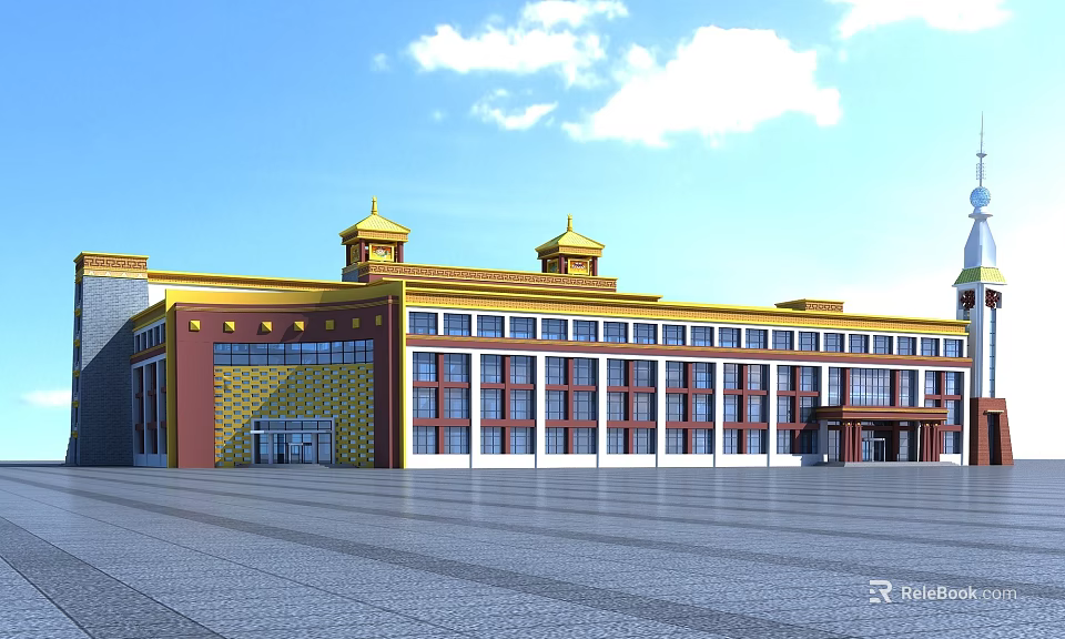 Traditional Architectural Building Featuring Golden Roof Yellow Red Walls And Front Square 3d model 