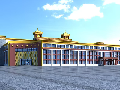 Traditional Architectural Building Featuring Golden Roof Yellow Red Walls And Front Square 3d model