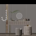 Elegant Modern Dressing Table With Striped Drawers Gold Legs Round Mirror And Plant Decor