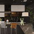 Elegant Modern Restaurant Interior With Open Kitchen And Marble Island Countertop