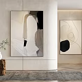 Modern Abstract Paintings On Wall In Minimalist Living Room With Neutral Color Tones And Wooden Accents