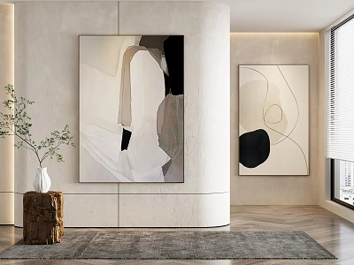 Modern Abstract Paintings On Wall In Minimalist Living Room With Neutral Color Tones And Wooden Accents 3d model