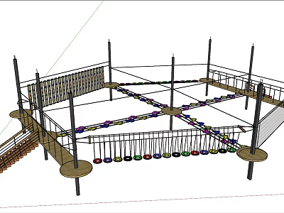 Outdoor Rope Playground Equipment with Multiple Pillars Colorful Hanging Rings Rope Netting and Stairs 3d model