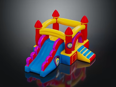 Colorful Inflatable Play Castle With Red Towers Yellow Slides And Blue Steps For Kids 3d model