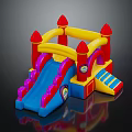 Colorful Inflatable Play Castle With Red Towers Yellow Slides And Blue Steps For Kids
