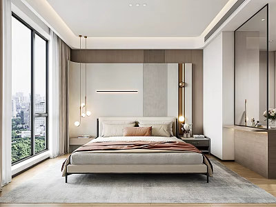 Modern Bedroom Interior Design With Large Bed Floor to Ceiling Windows And City View 3d model