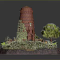 Red Brick Tower Covered With Green Vines Surrounded By Lush Plants Tree And Stone Base