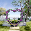 Romantic Outdoor Heart Shaped Flower Arch With String Lights And Sunset View