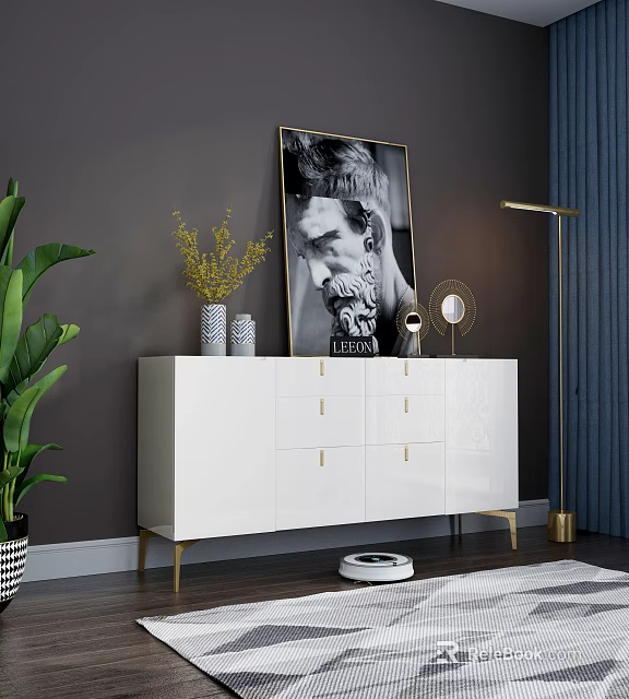 Modern Elegant Entryway Console Cabinet White with Gold Accents Decorative Painting and Floor Lamp 3d model 