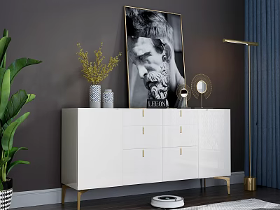 Modern Elegant Entryway Console Cabinet White with Gold Accents Decorative Painting and Floor Lamp 3d model