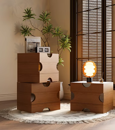 Wooden Nightstands With Drawers Table Lamp Magazine Clock And Green Plant 3d model