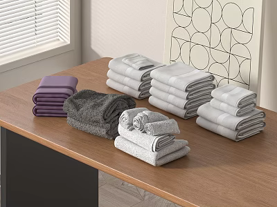 Folded Colorful Towels In Purple Grey White Tones Arranged On Wooden Table 3d model