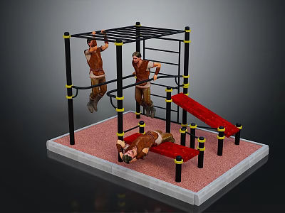 Outdoor Fitness Equipment with Pull Up Bars Inclined Bench and Metal Frame for Daily Exercise 3d model