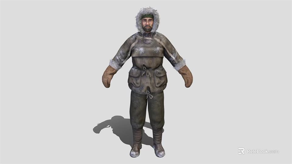 Man In Heavy Winter Clothing With Fur Collar Hat Padded Overall Gloves And Leather Boots 3d model 