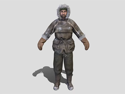 Man In Heavy Winter Clothing With Fur Collar Hat Padded Overall Gloves And Leather Boots 3d model