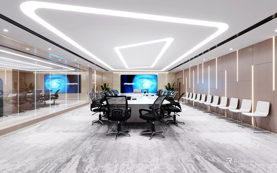 Modern Conference Room Interior Design With Large Meeting Table Black Chairs And Screen Lighting 3d model 