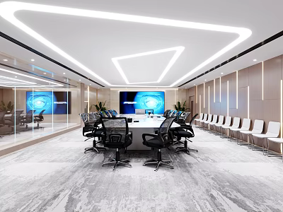Modern Conference Room Interior Design With Large Meeting Table Black Chairs And Screen Lighting 3d model