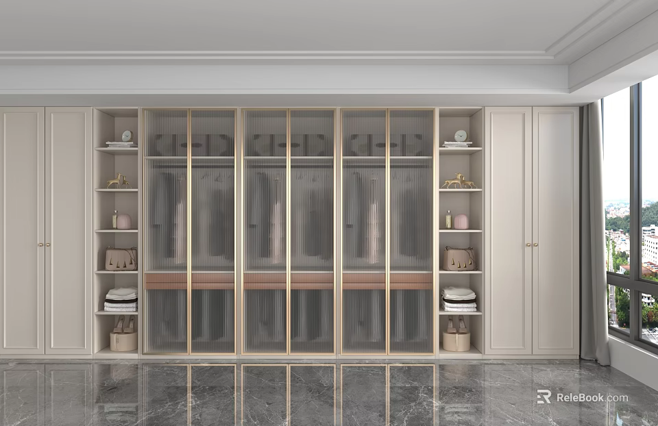 Modern Light Colored Wardrobe Cabinet With Glass Doors Open Shelves And Storage Space 3d model 