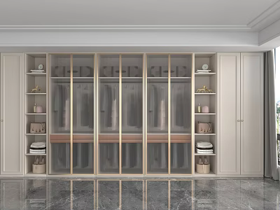 Modern Light Colored Wardrobe Cabinet With Glass Doors Open Shelves And Storage Space 3d model