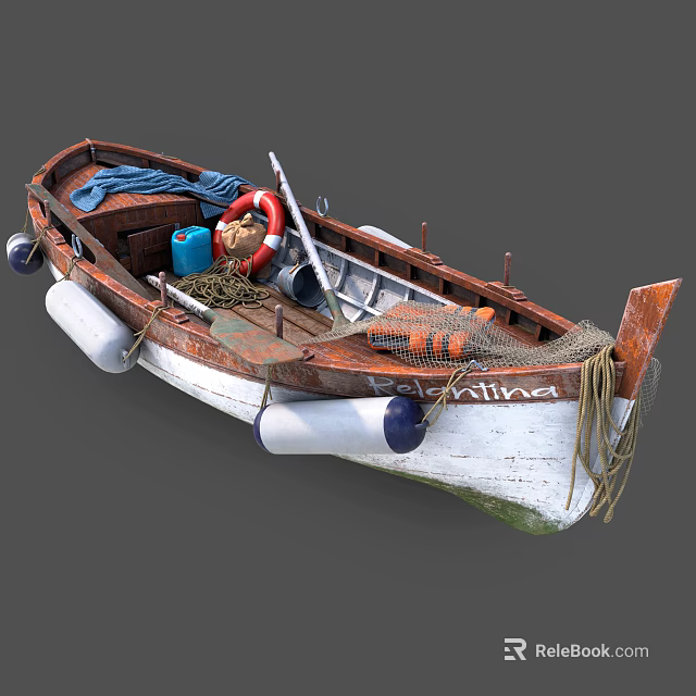 Wooden Boat With Lifebuoy Rope Fishing Net And Buoys Showcasing Rustic Wooden Structure Details 3d model 