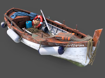 Wooden Boat With Lifebuoy Rope Fishing Net And Buoys Showcasing Rustic Wooden Structure Details 3d model