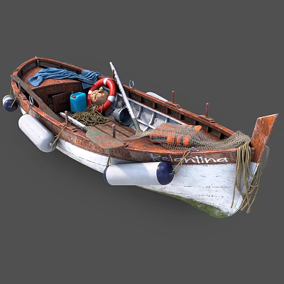Wooden Boat With Lifebuoy Rope Fishing Net And Buoys Showcasing Rustic Wooden Structure Details 3d model