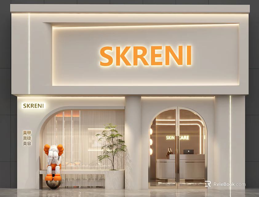 SKRENI Storefront Design With White Facade Orange Signage Arched Entrance And Potted Plant 3d model 