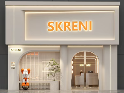 SKRENI Storefront Design With White Facade Orange Signage Arched Entrance And Potted Plant 3d model