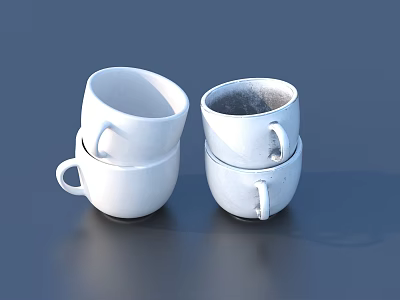 Simple White Stacked Ceramic Mugs For Daily Use On Dark Surface 3d model