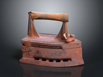 Vintage Household Electrical Iron Rusty Metal Body And Wooden Handle Design 3d model