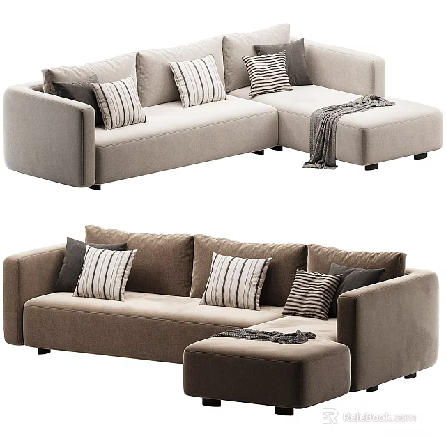 Stylish Sectional Sofa in Beige and Brown with Striped and Solid Pillows and Throw Blanket 3d model