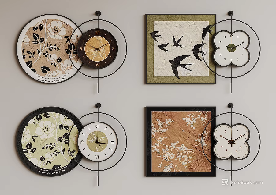 Decorative Wall Decor With Circular Floral Plates Clocks Swallow Artwork And Frames 3d model