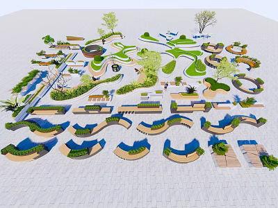 Curved Outdoor Chairs in Park Setting With Green Plants and Trees 3d model