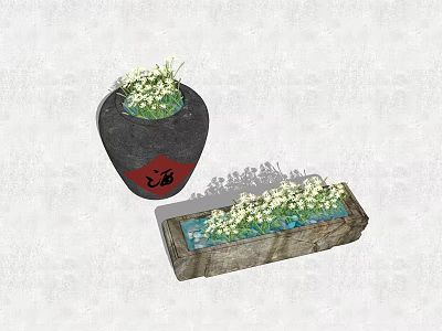 Courtyard Garden With Black Pottery Jar Red Fu Character And Rectangular Stone Trough White Flowers 3d model
