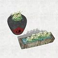 Courtyard Garden With Black Pottery Jar Red Fu Character And Rectangular Stone Trough White Flowers