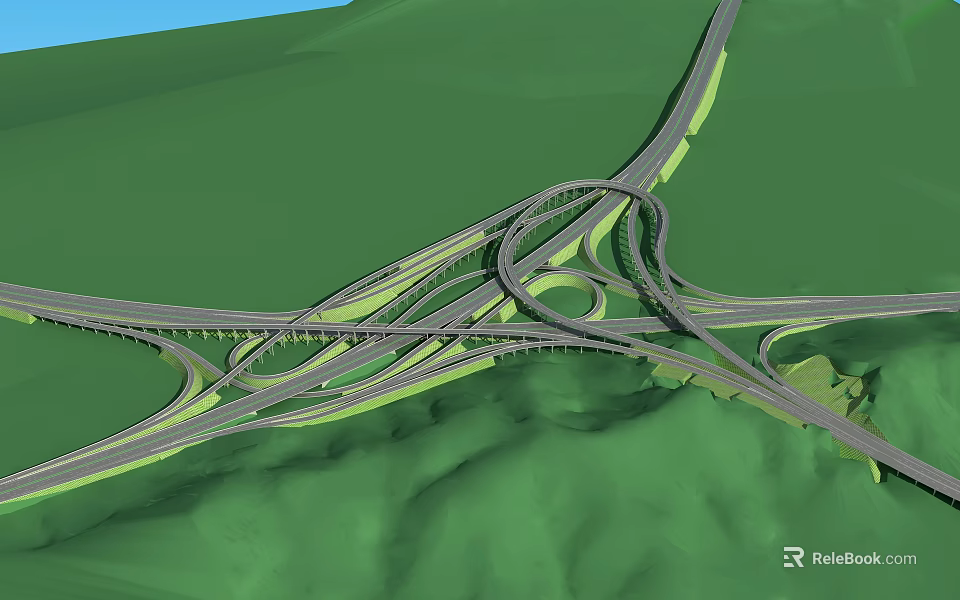 Elevated Curved Bridge Interchange With Multiple Ramps In Lush Green Hills 3d model 