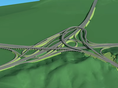 Elevated Curved Bridge Interchange With Multiple Ramps In Lush Green Hills 3d model