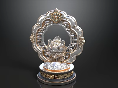 Elegant Silver Decorative Ornament Set with Intricate Lotus Design and Golden Accent Base 3d model