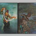 Two Panel Art Paintings With Human Figures Doing Traditional Textile Work On Abstract Green Background