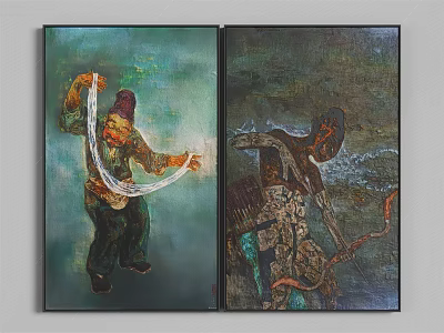 Two Panel Art Paintings With Human Figures Doing Traditional Textile Work On Abstract Green Background 3d model