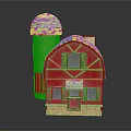 Red Barn and Blue Dome Tower Architectural Model with Brick Structure and Wooden Details