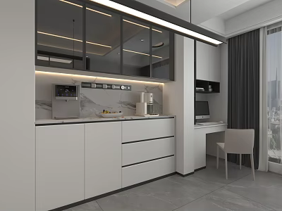 Modern White and Gray Sideboard with Glass Door Cabinets Marble Countertop and Desk Area 3d model