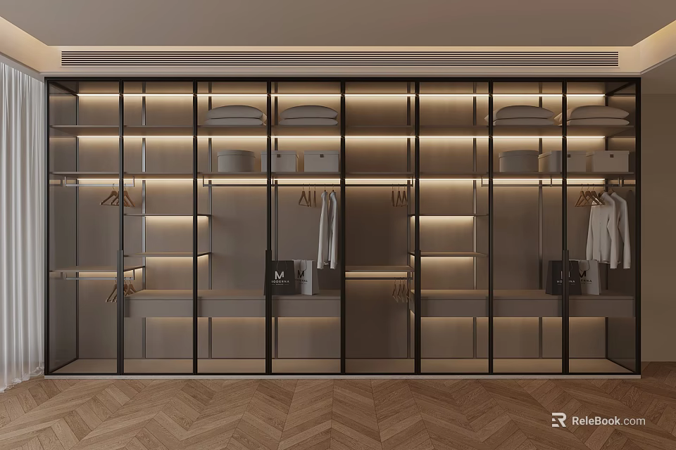 Modern Wardrobe Interior With Glass Doors Metal Frame Wooden Shelves And Built In Lighting 3d model 