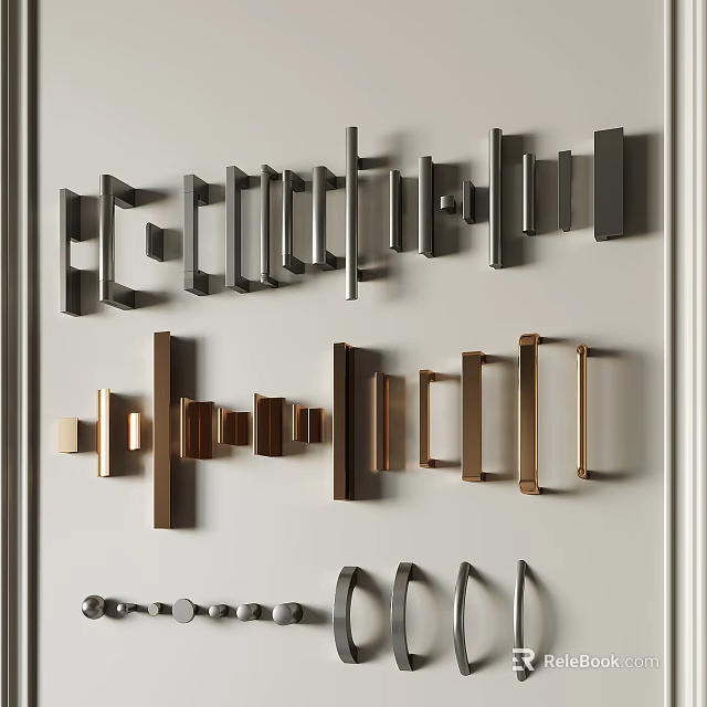 Modern Door Handles In Various Metal Designs Displayed On White Wall 3d model 