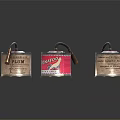 Vintage Metal Paint Thinner Cans With TATTOO Label And FULLM Brand On Shiny Black Surface