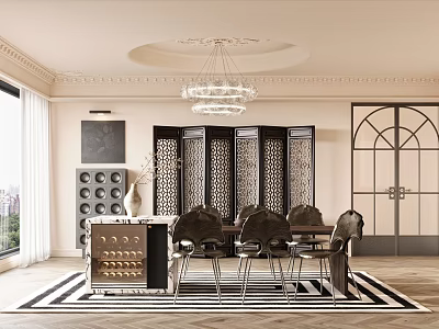 Cream style restaurant bar table and chair single chair screen partition chandelier glass door carpet 3d model