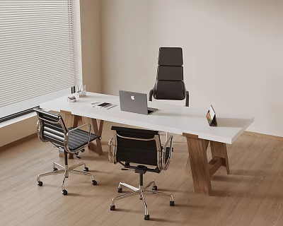 Modern Office Desk and Chair Set With White Tabletop Wooden Legs and Black Wheeled Chairs 3d model